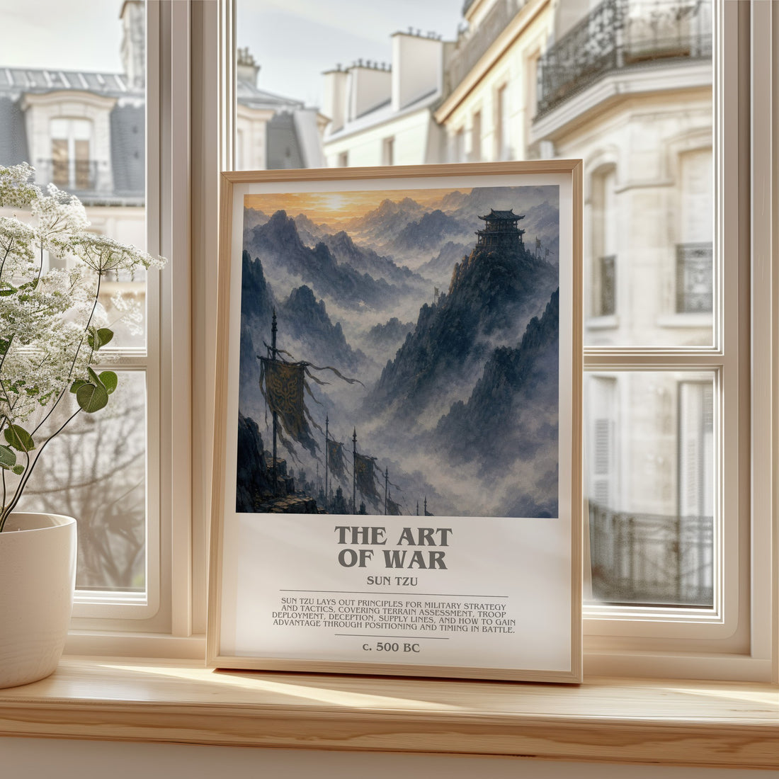 The Art of War bookish print in frame leaning in hallway – philosophy wall art