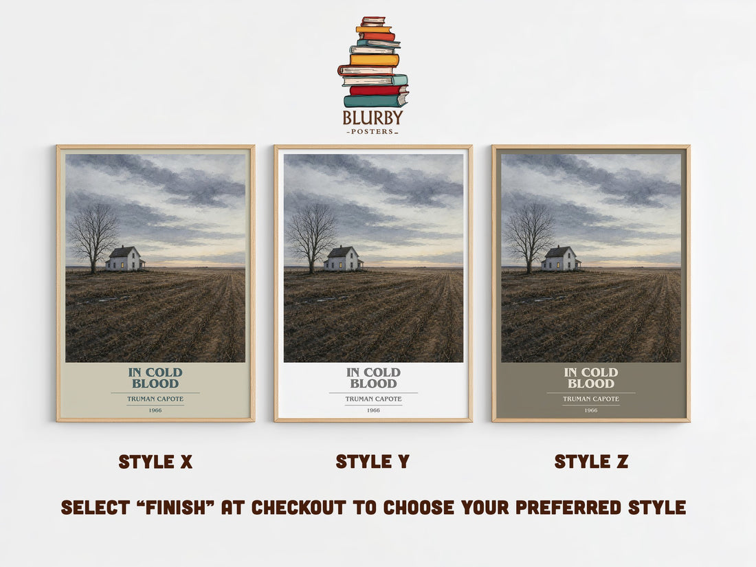 In Cold Blood book cover print in frame leaning in hallway – non fiction wall art (mockup)