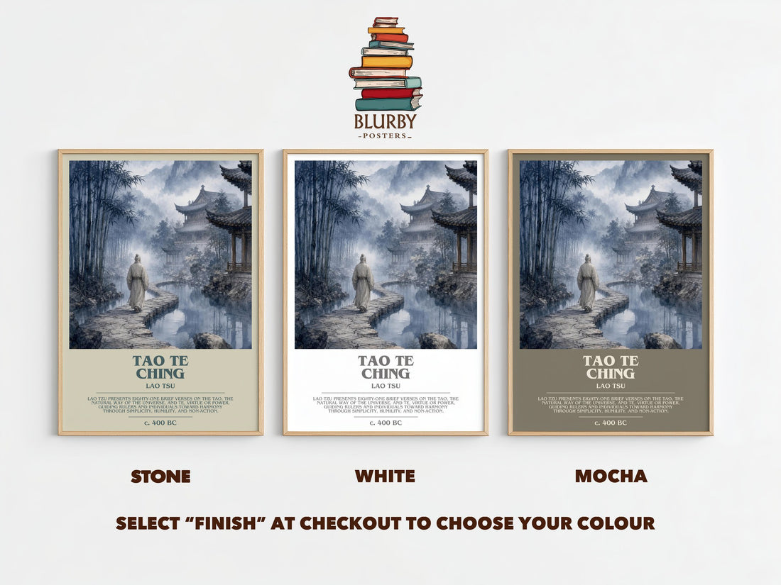 Tao Te Ching bookish print framed by window – Stone, White and Mocha side by side – choose your colour