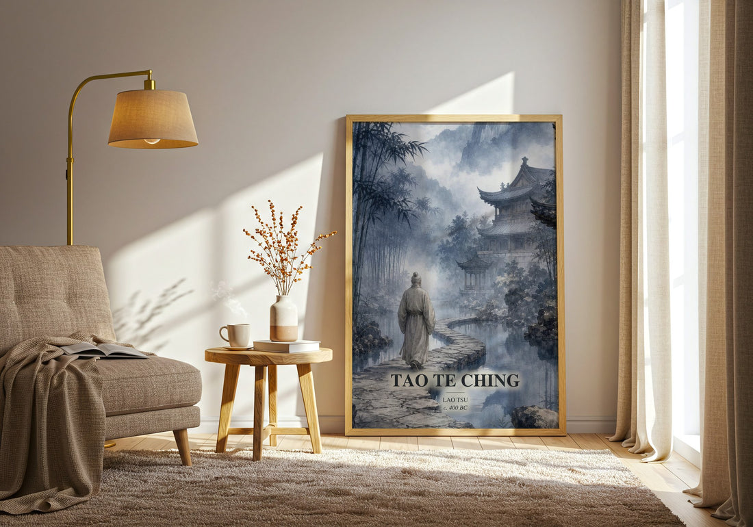 Tao Te Ching watercolour print in frame leaning in hallway – philosophy wall art