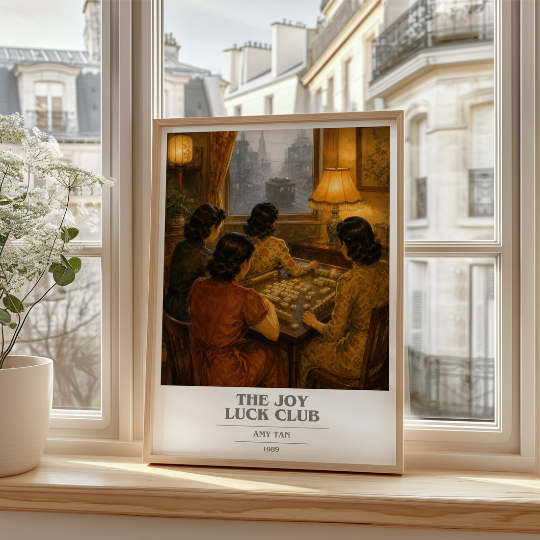 The Joy Luck Club book cover print in frame leaning in hallway – literary fiction wall art