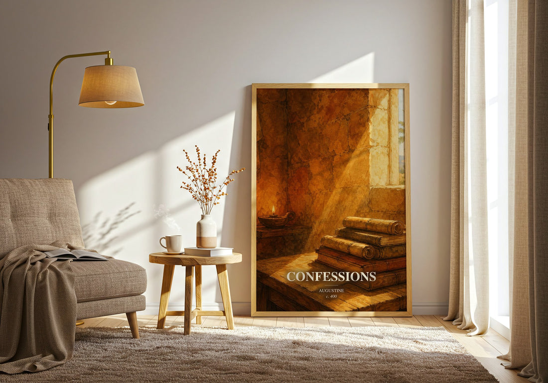 Confessions watercolour print in frame leaning in hallway – philosophy wall art