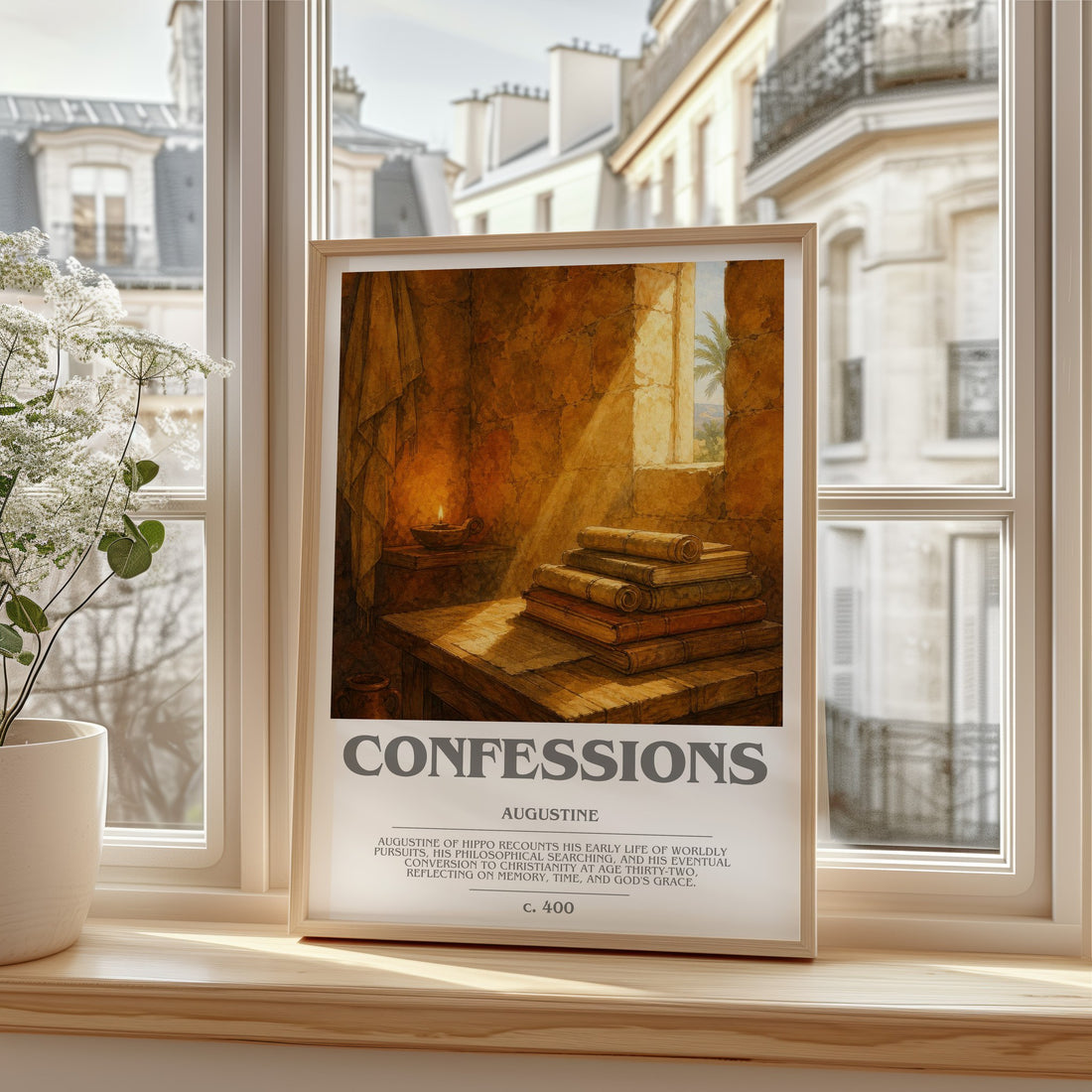 Confessions bookish print in frame leaning in hallway – philosophy wall art