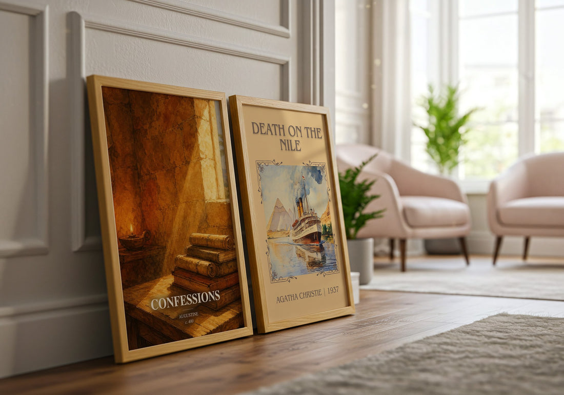 Confessions watercolour print framed by window – literary home decor