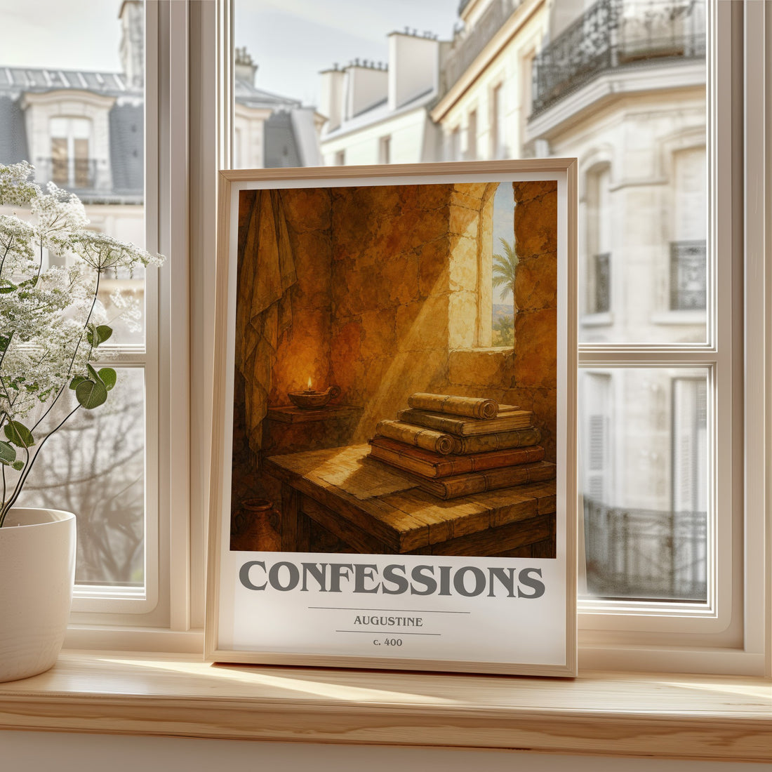 Confessions book cover print in frame leaning in hallway – philosophy wall art