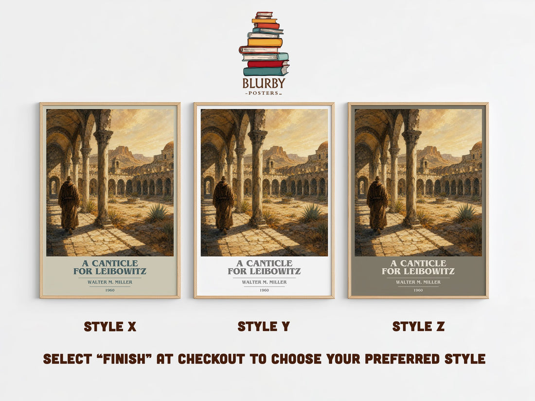 A Canticle for Leibowitz book cover print in frame leaning in hallway – sci fi wall art (mockup)