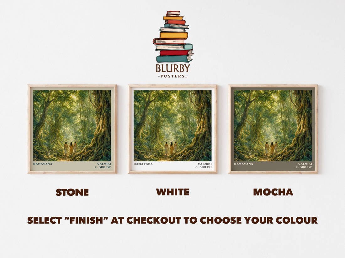 Ramayana literary print framed by window – Stone, White and Mocha square prints side by side – choose your colour