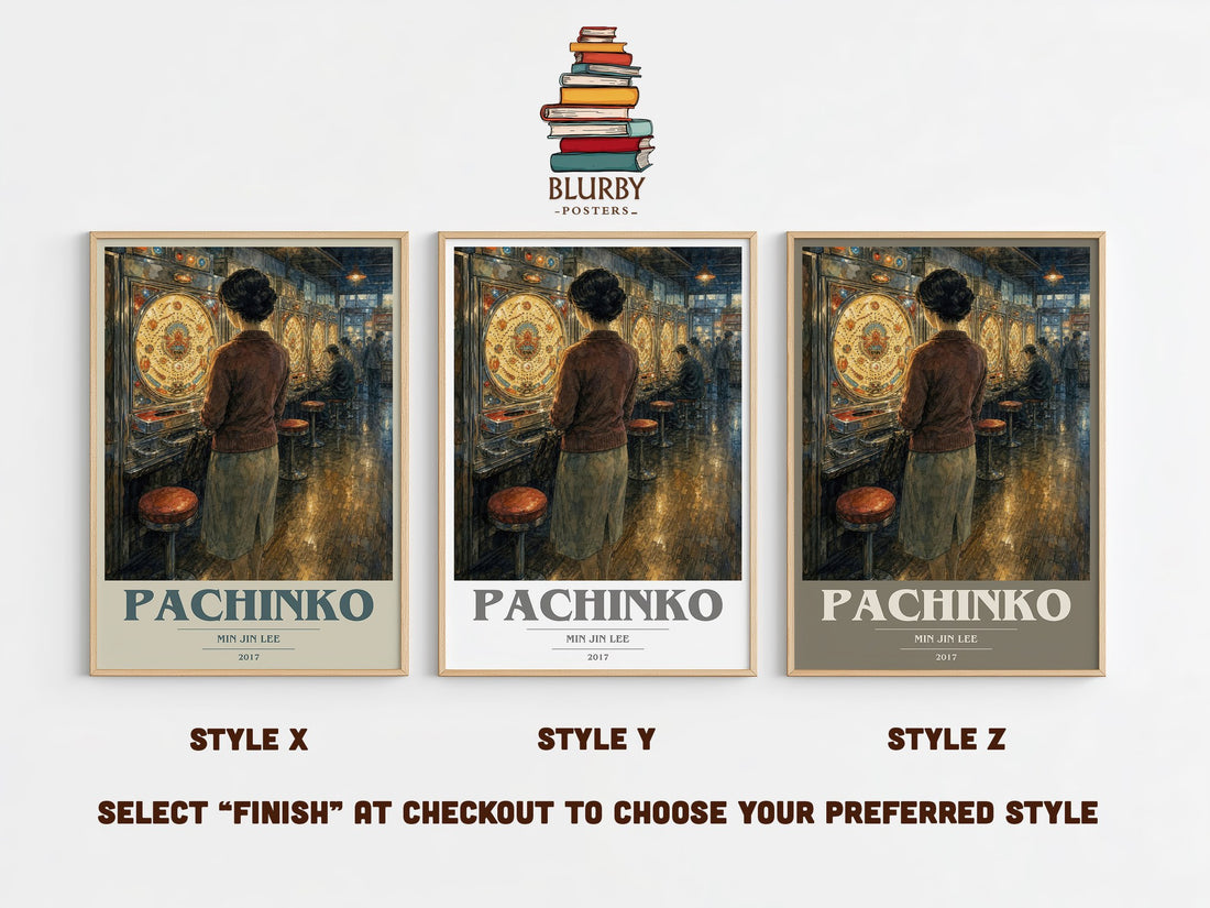 Pachinko book cover print in frame leaning in hallway – historical fiction wall art (mockup)