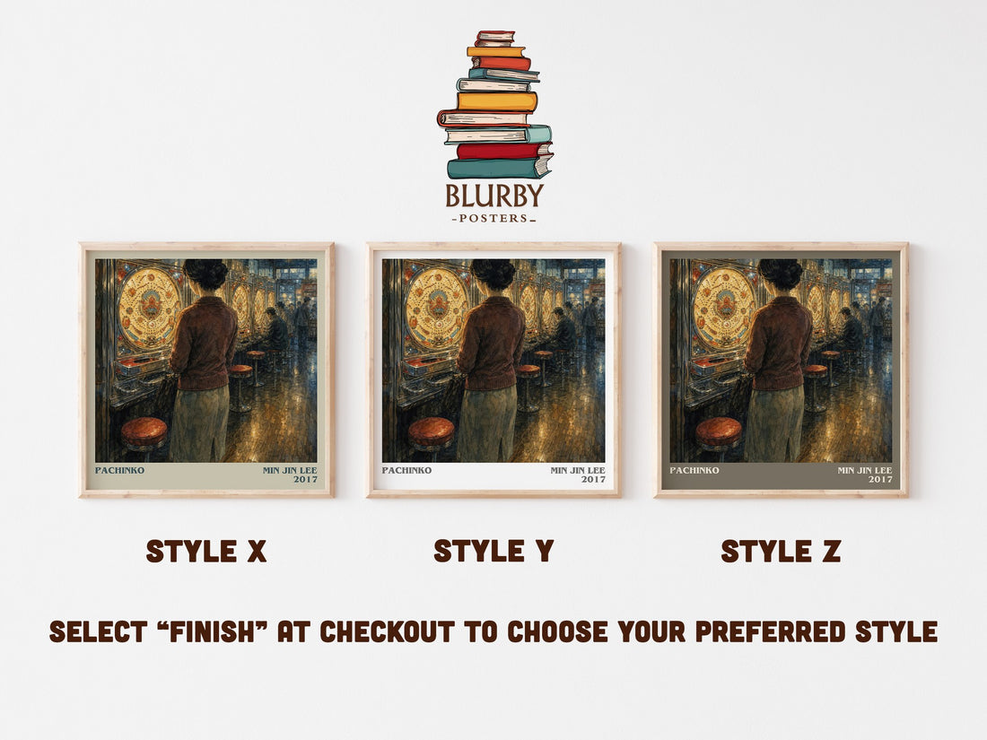 Pachinko literary print in frame leaning in hallway – historical fiction wall art (mockup)