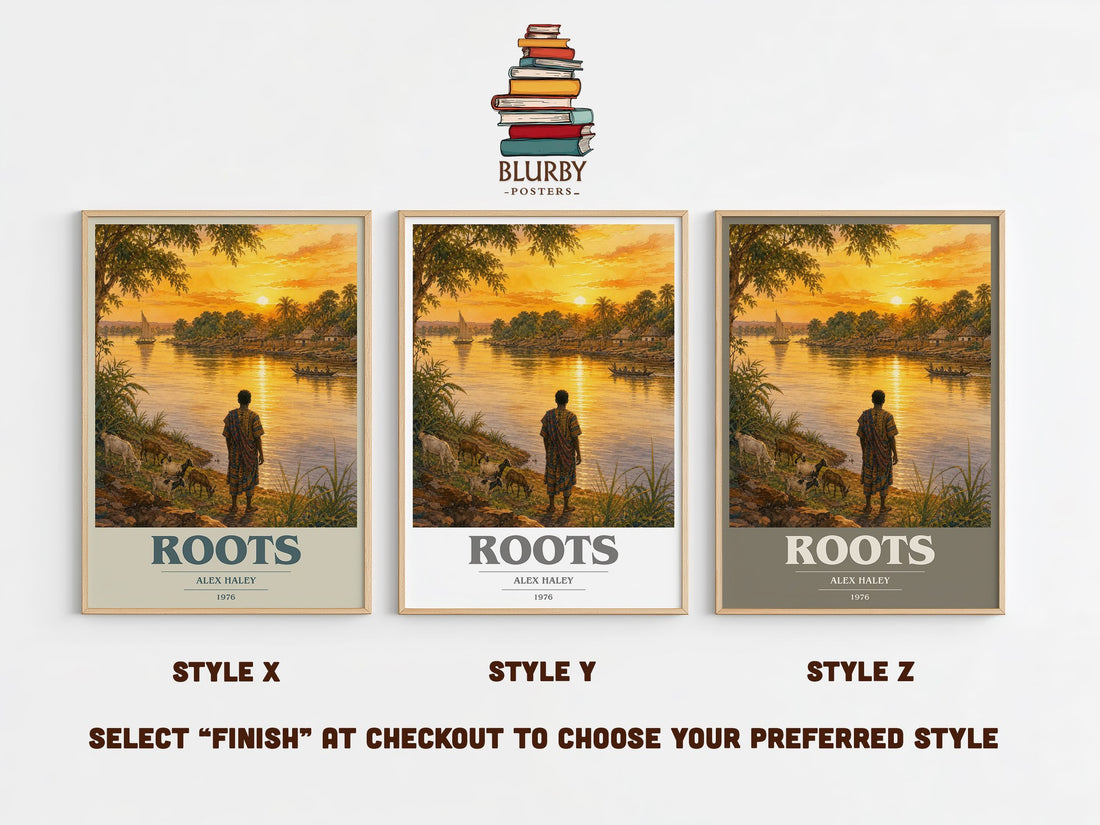 Roots book cover print in frame leaning in hallway – historical fiction wall art (mockup)