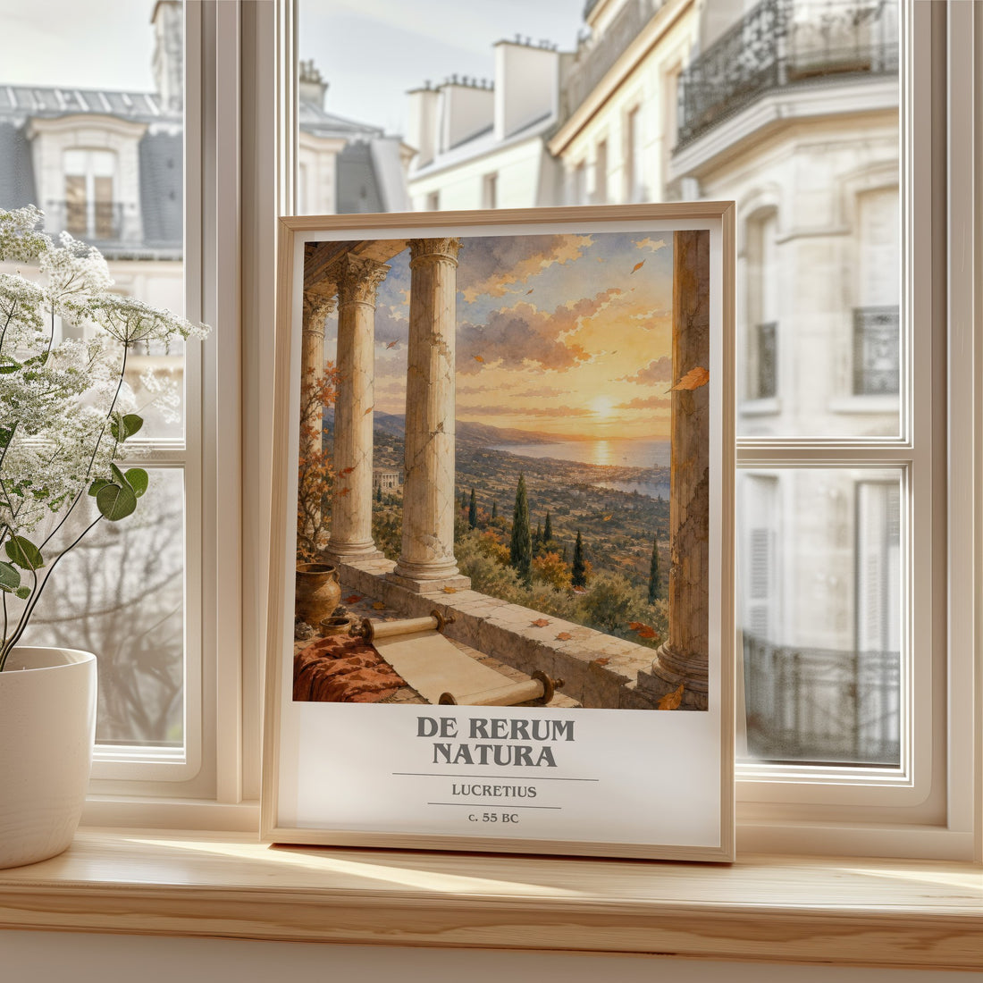 De Rerum Natura book cover print in frame leaning in hallway – philosophy wall art