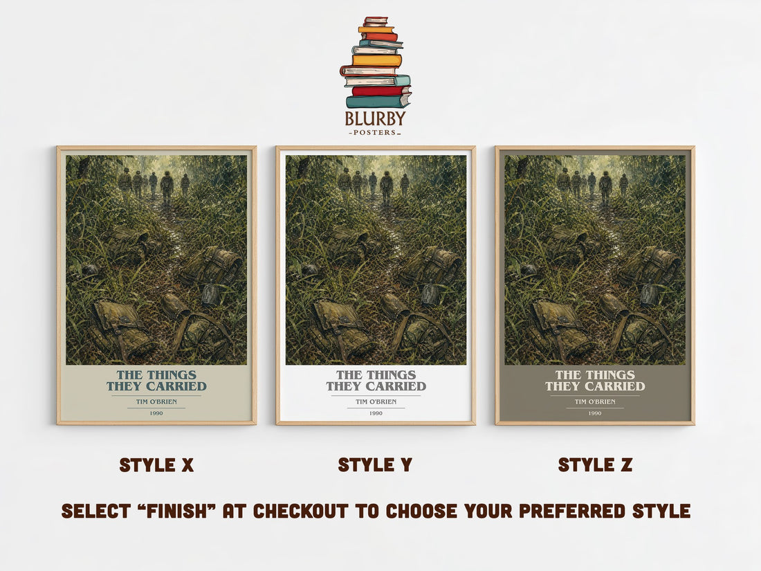 The Things They Carried book cover print in frame leaning in hallway – literary fiction wall art (mockup)