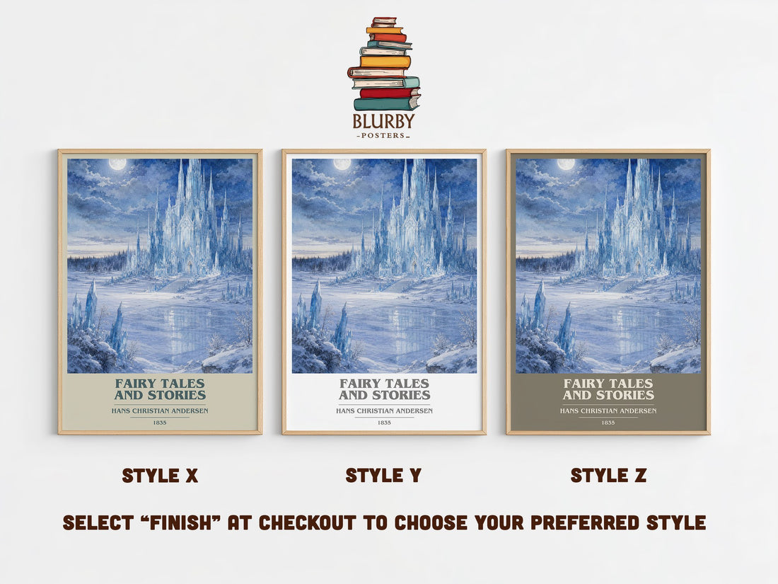 Fairy Tales and Stories book cover print in frame leaning in hallway – childrens wall art (mockup)