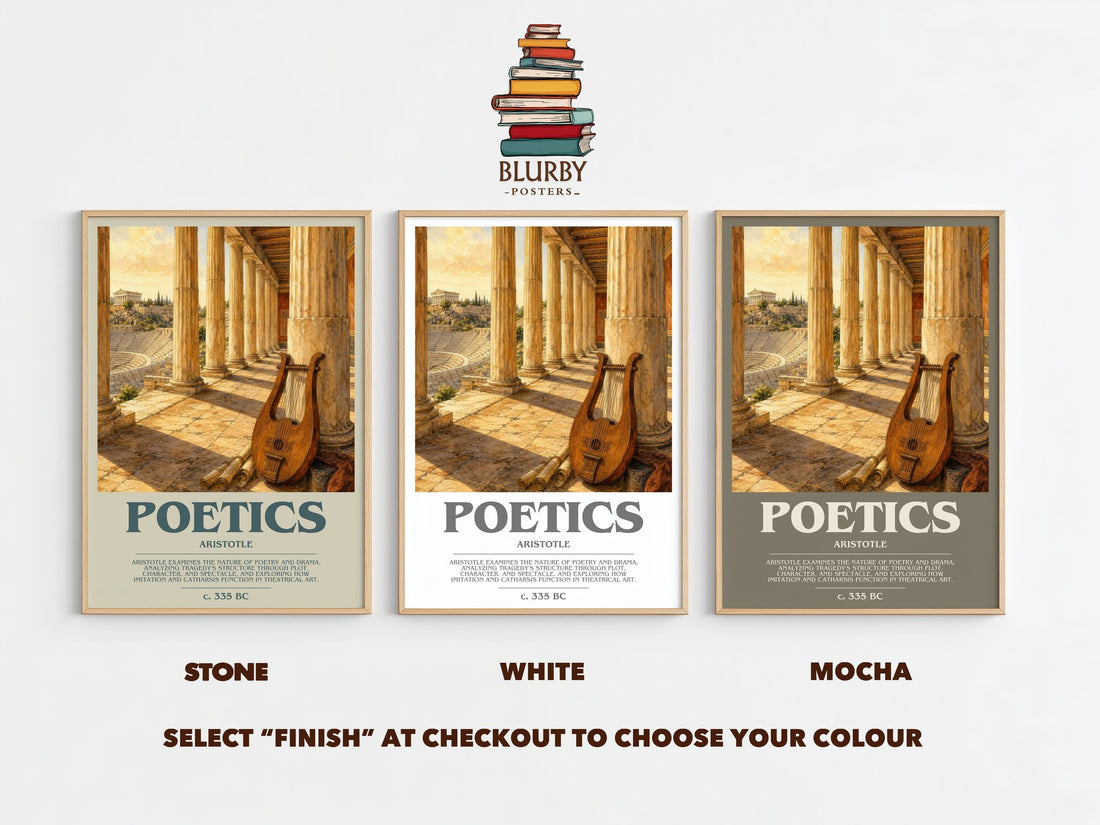 Poetics bookish print framed by window – Stone, White and Mocha side by side – choose your colour