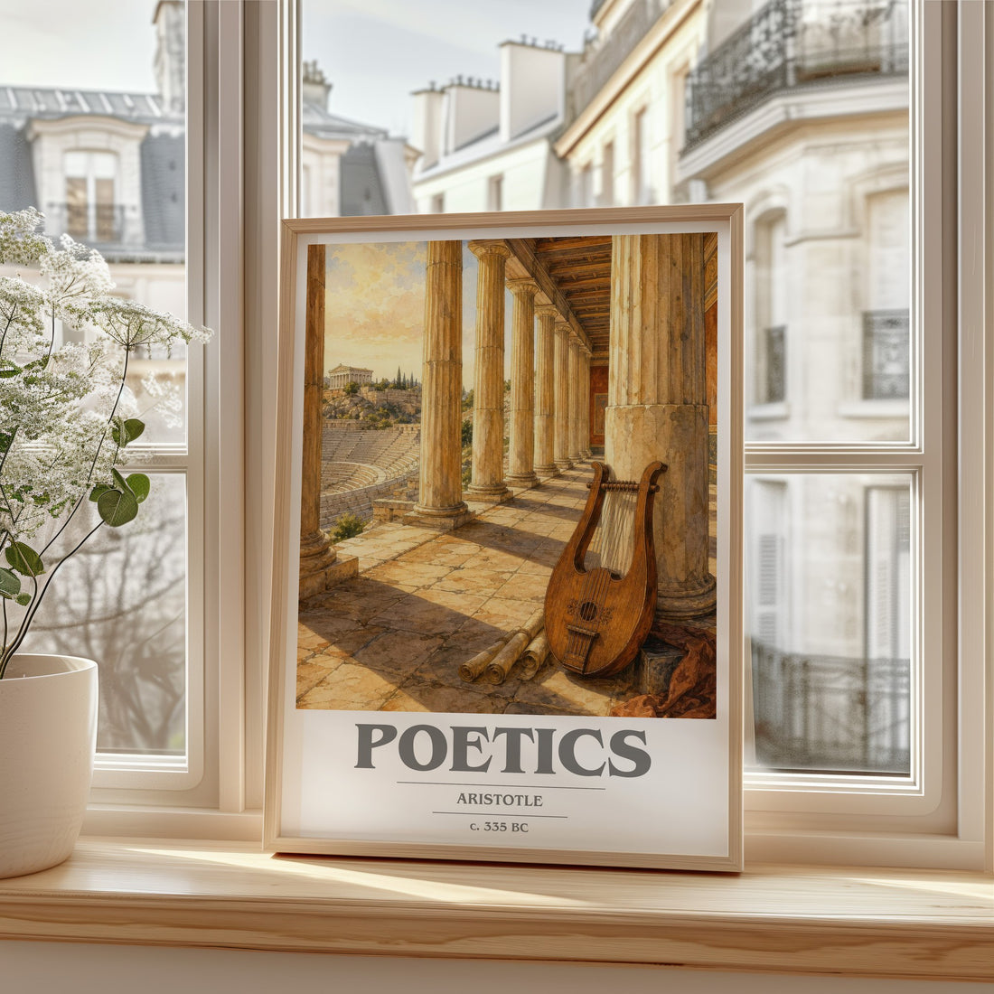 Poetics book cover print in frame leaning in hallway – philosophy wall art