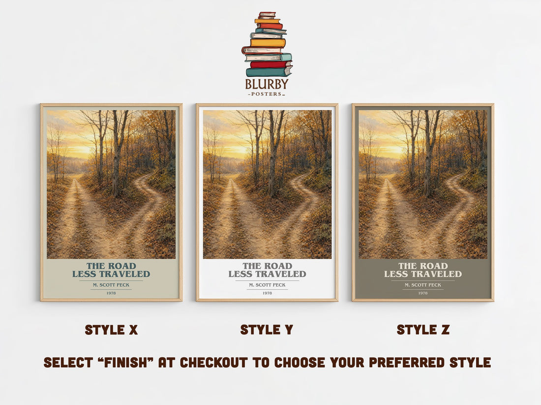 The Road Less Traveled book cover print in frame leaning in hallway – __new__:self help wall art (mockup)
