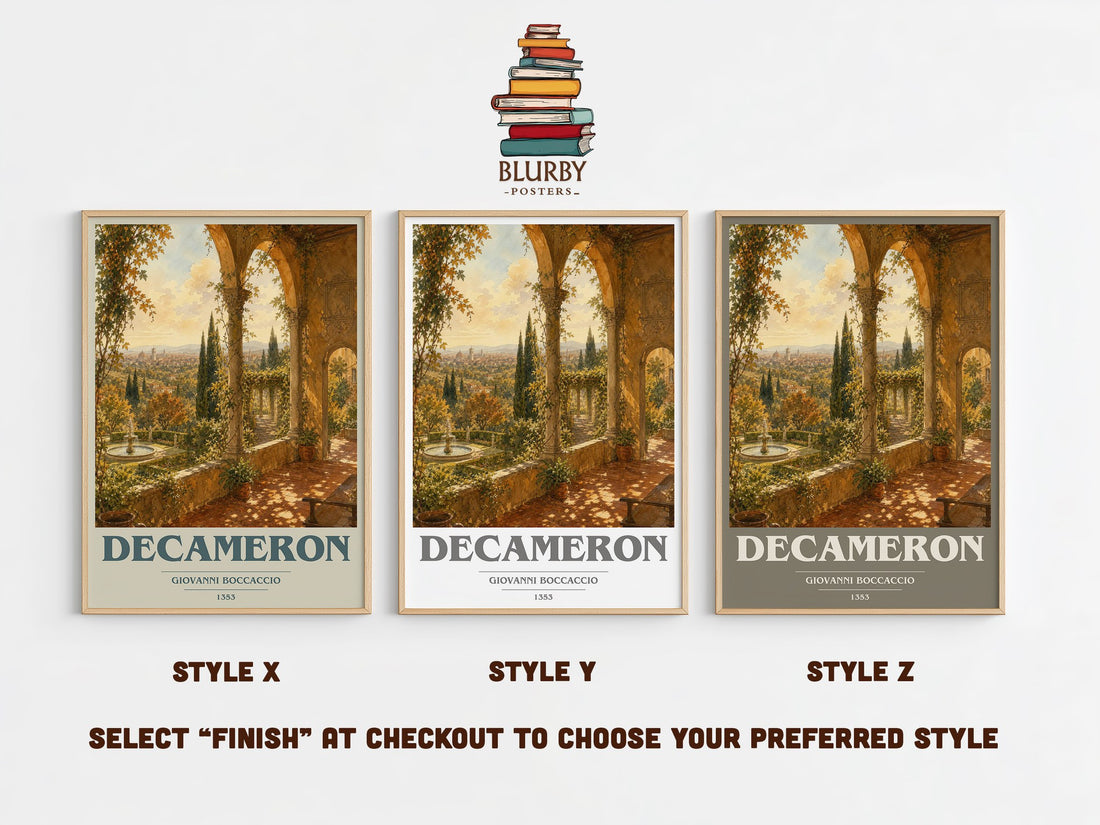 Decameron book cover print in frame leaning in hallway – classic literature wall art (mockup)