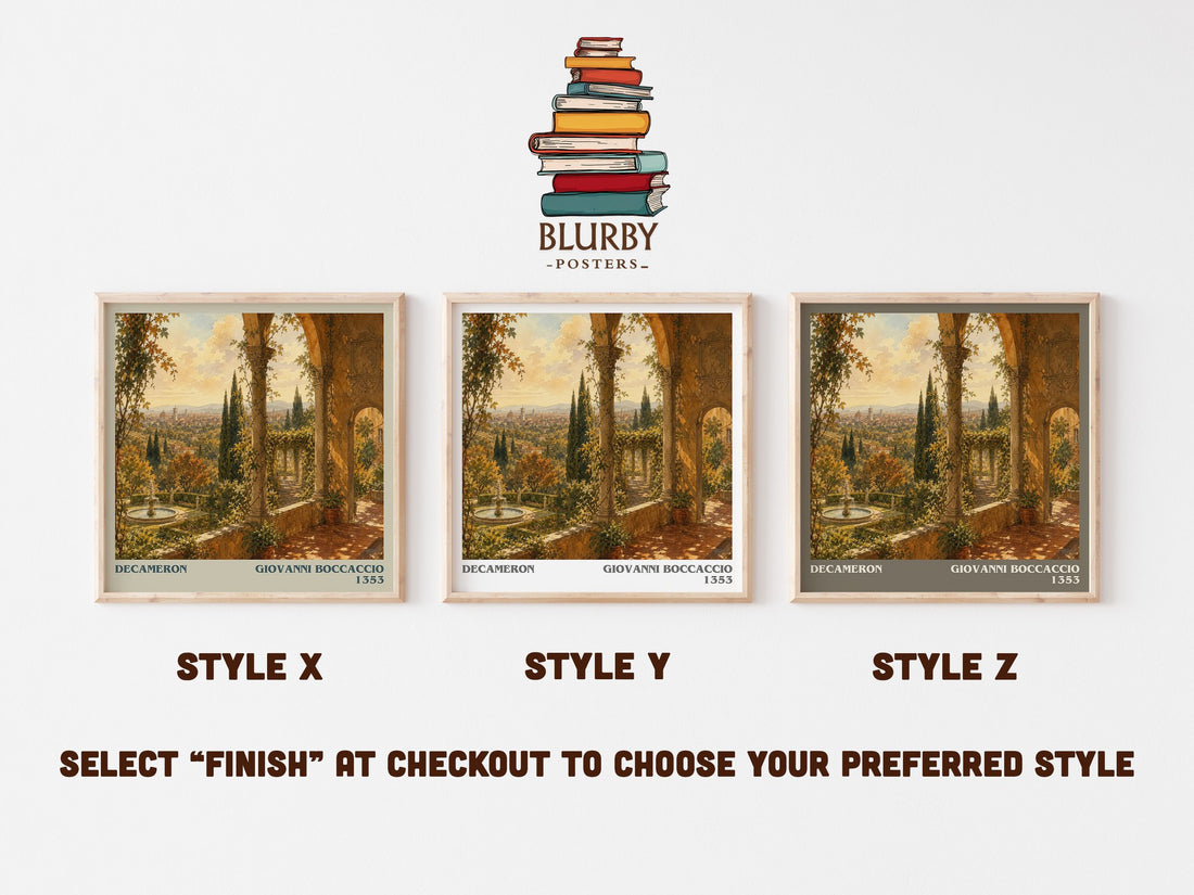 Decameron literary print in frame leaning in hallway – classic literature wall art (mockup)