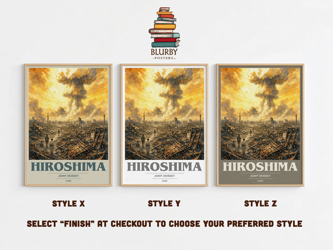 Hiroshima book cover print in frame leaning in hallway – non fiction wall art (mockup)