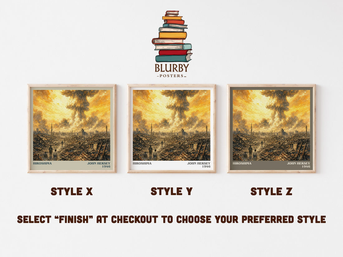 Hiroshima literary print in frame leaning in hallway – non fiction wall art (mockup)