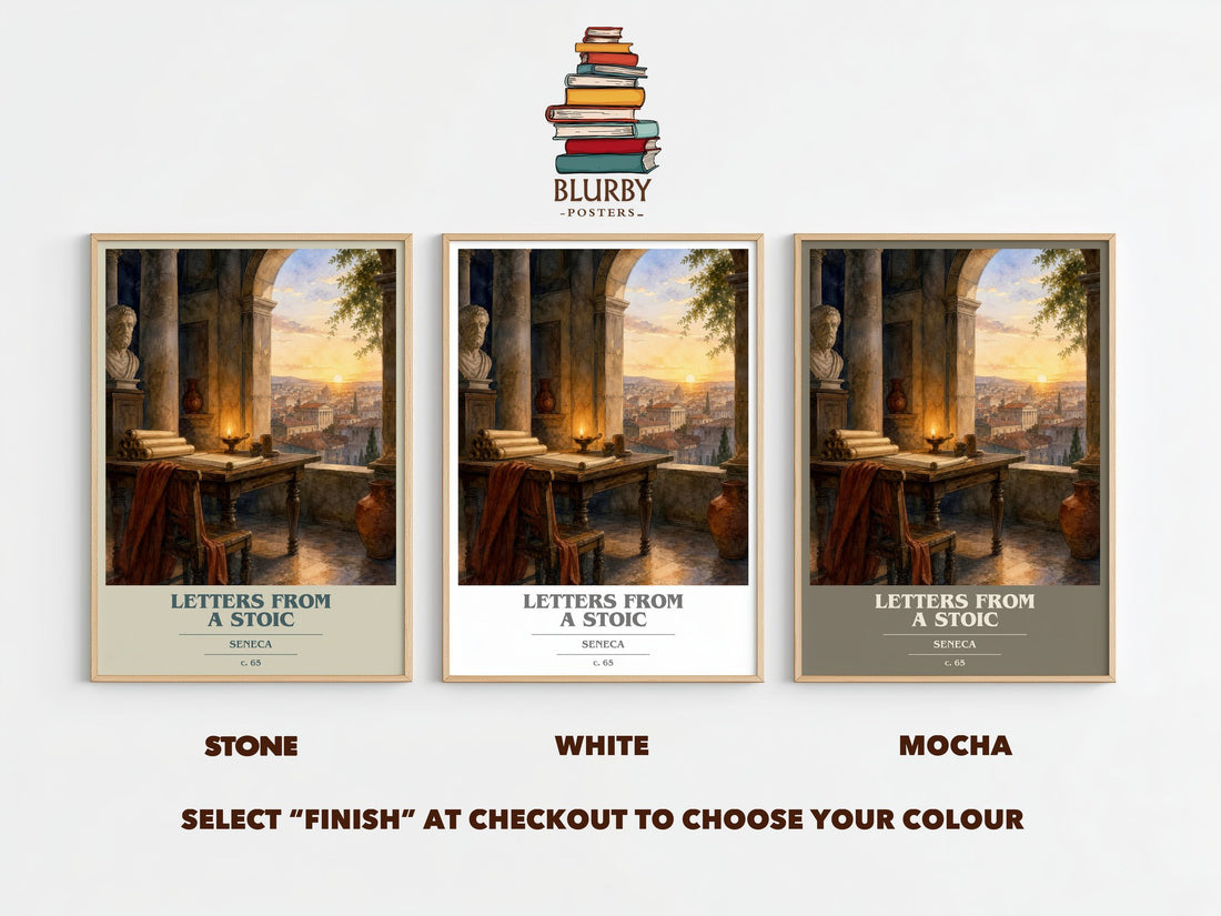Letters from a Stoic book cover print framed by window – Stone, White and Mocha side by side – choose your colour