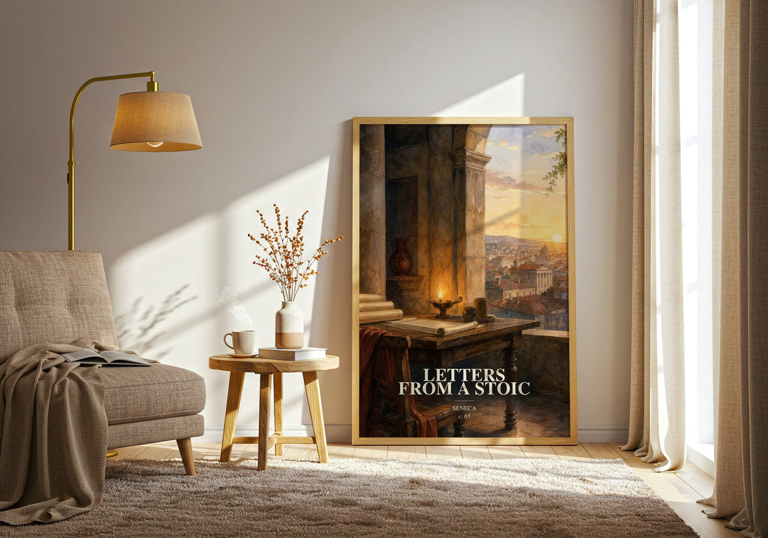 Letters from a Stoic watercolour print in frame leaning in hallway – philosophy wall art