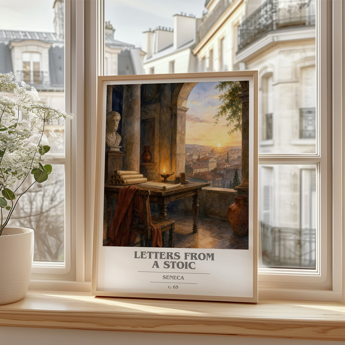 Letters from a Stoic book cover print in frame leaning in hallway – philosophy wall art