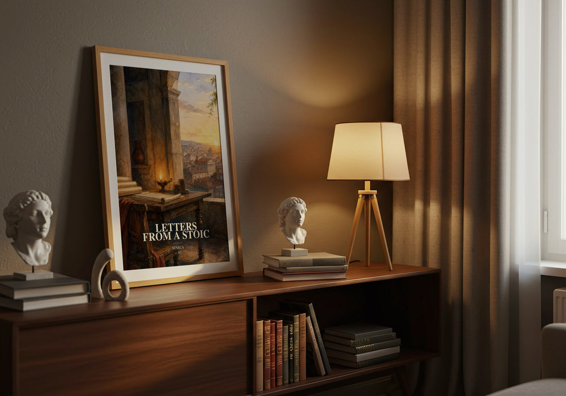 Letters from a Stoic watercolour print on bookshelf – Seneca fan gift