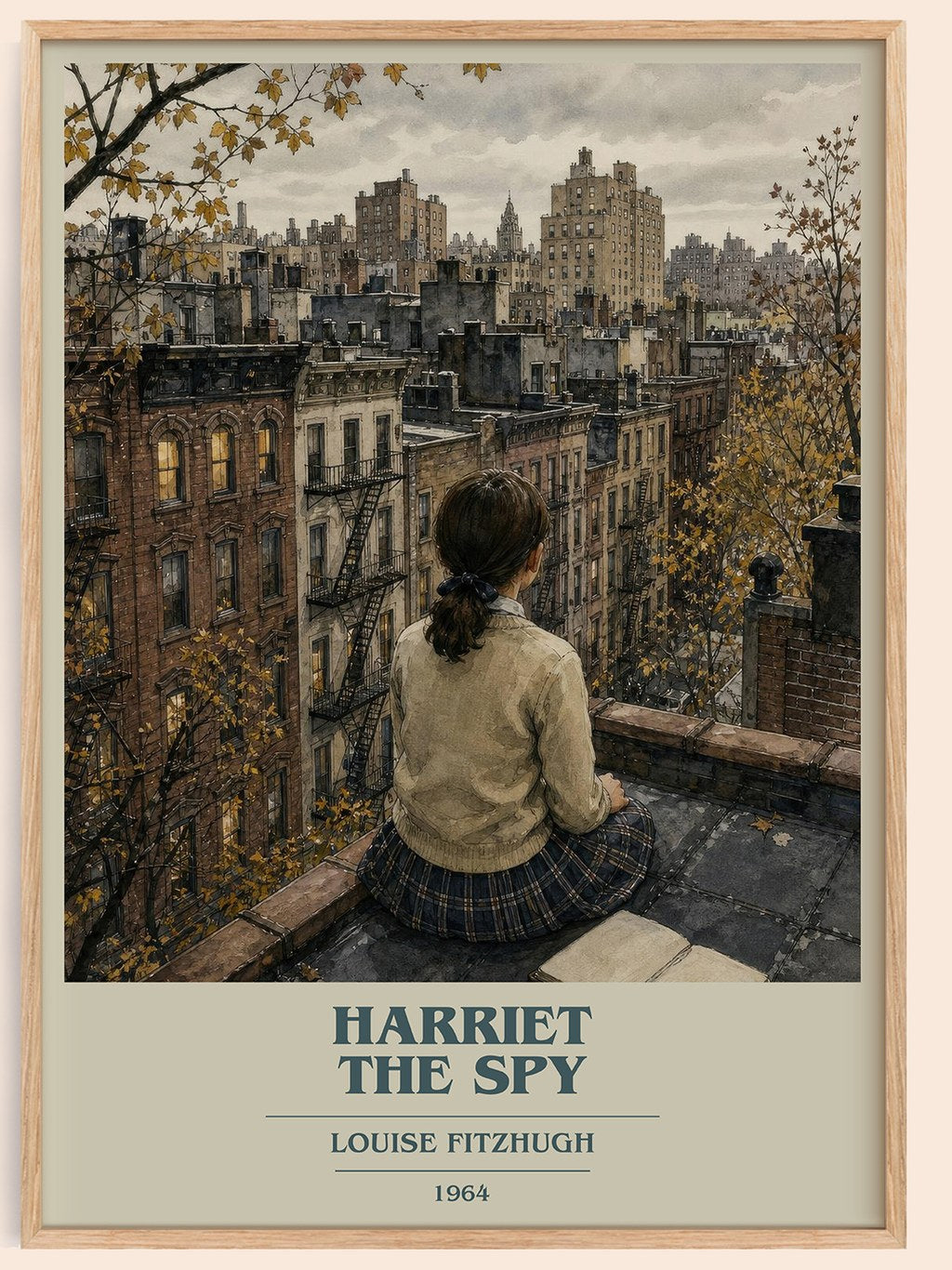 Harriet the Spy book cover book poster by Louise Fitzhugh – framed literary art print
