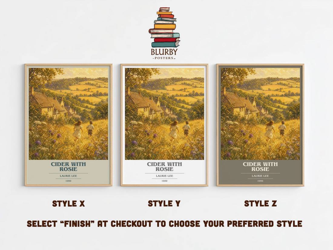 Cider with Rosie book cover print in frame leaning in hallway – memoir wall art (mockup)
