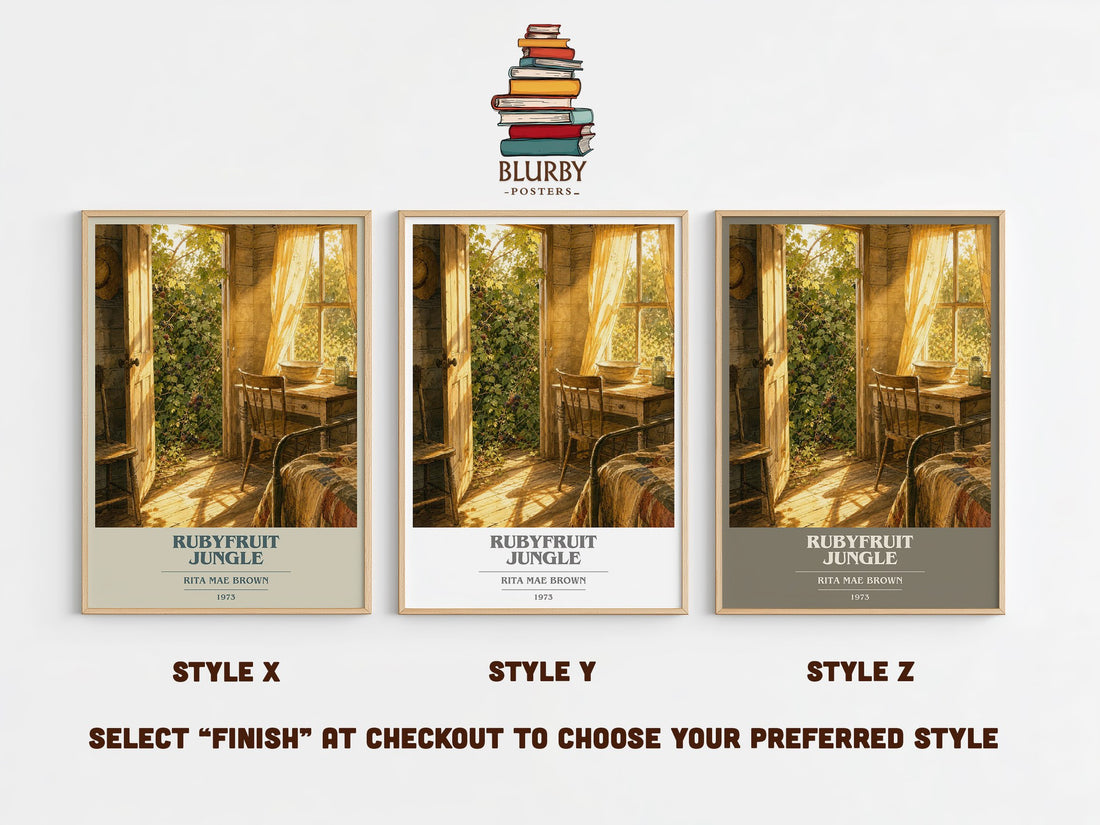 Rubyfruit Jungle book cover print in frame leaning in hallway – coming of age wall art (mockup)