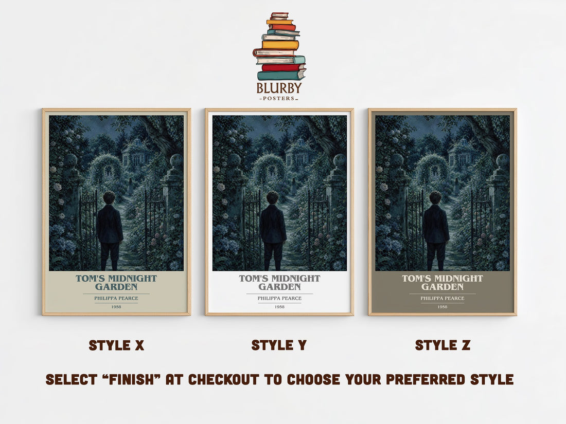 Tom's Midnight Garden book cover print in frame leaning in hallway – childrens wall art (mockup)