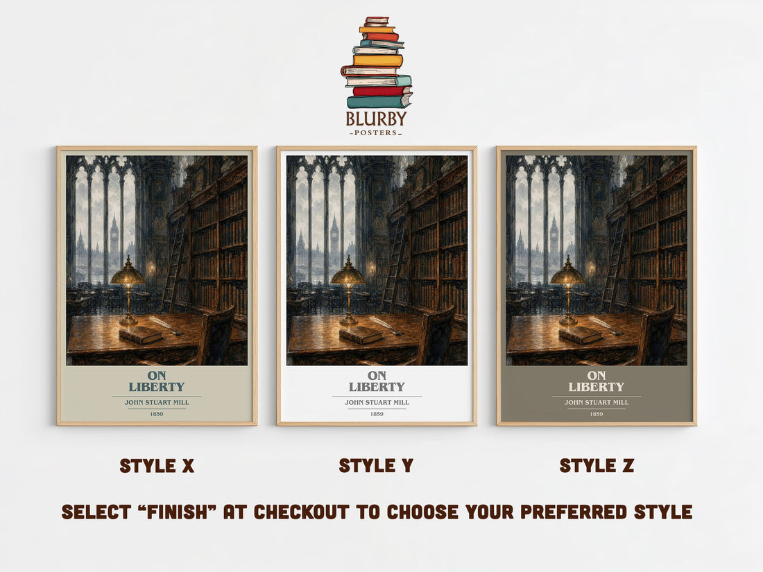 On Liberty book cover print in frame leaning in hallway – philosophy wall art (mockup)