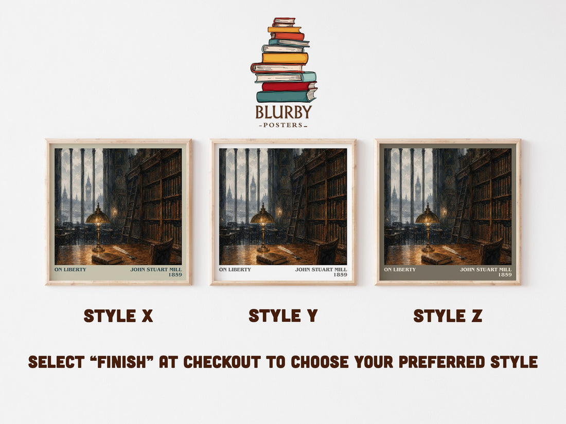 On Liberty literary print in frame leaning in hallway – philosophy wall art (mockup)