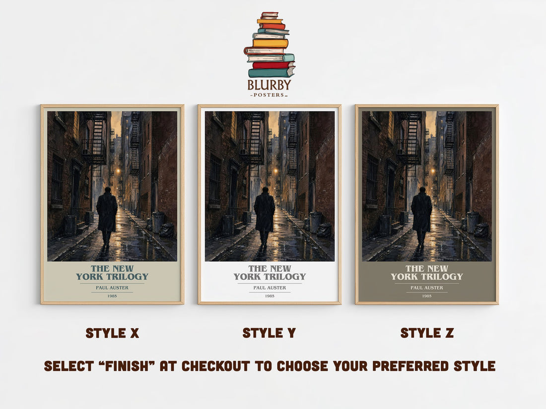 The New York Trilogy book cover print in frame leaning in hallway – literary fiction wall art (mockup)