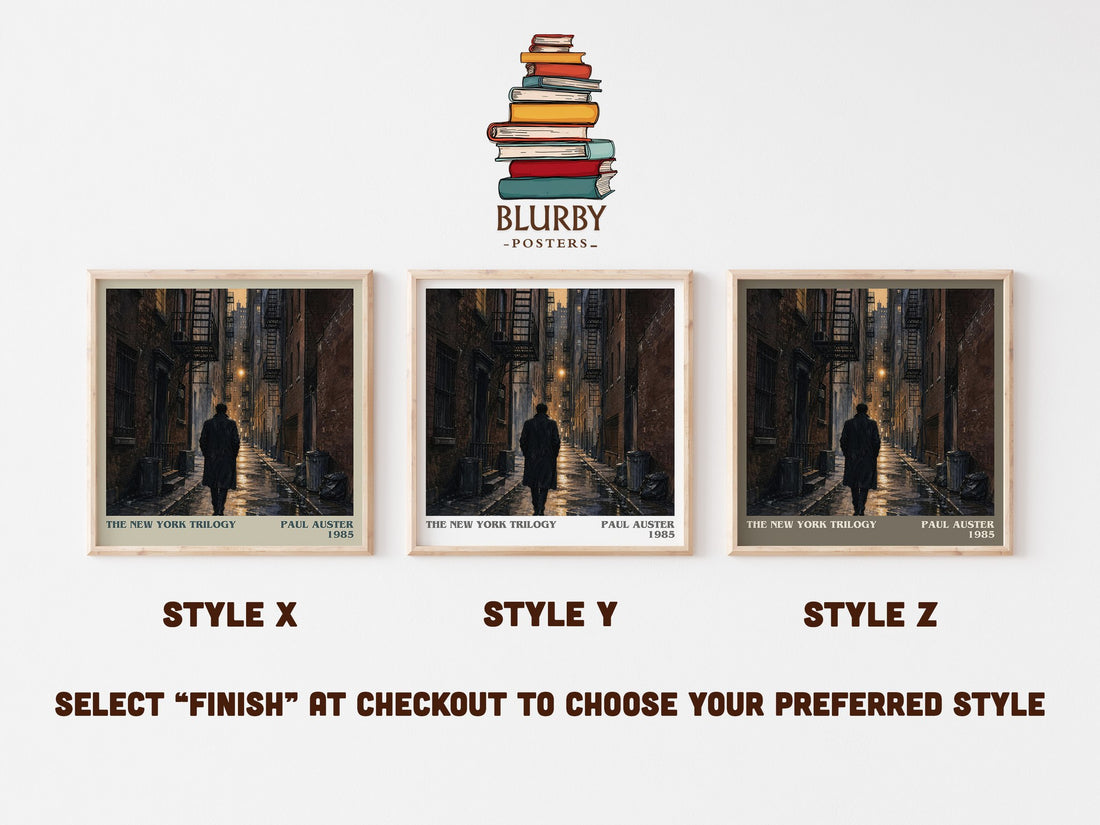 The New York Trilogy literary print in frame leaning in hallway – literary fiction wall art (mockup)
