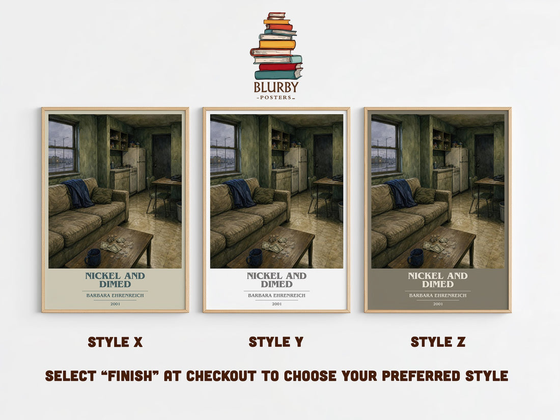 Nickel And Dimed book cover print in frame leaning in hallway – non fiction wall art (mockup)