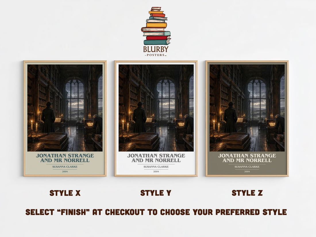 Jonathan Strange and Mr Norrell book cover print in frame leaning in hallway – fantasy wall art (mockup)