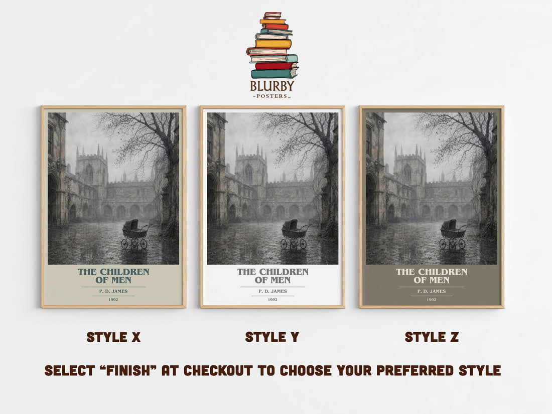 The Children of Men book cover print in frame leaning in hallway – dystopian wall art (mockup)