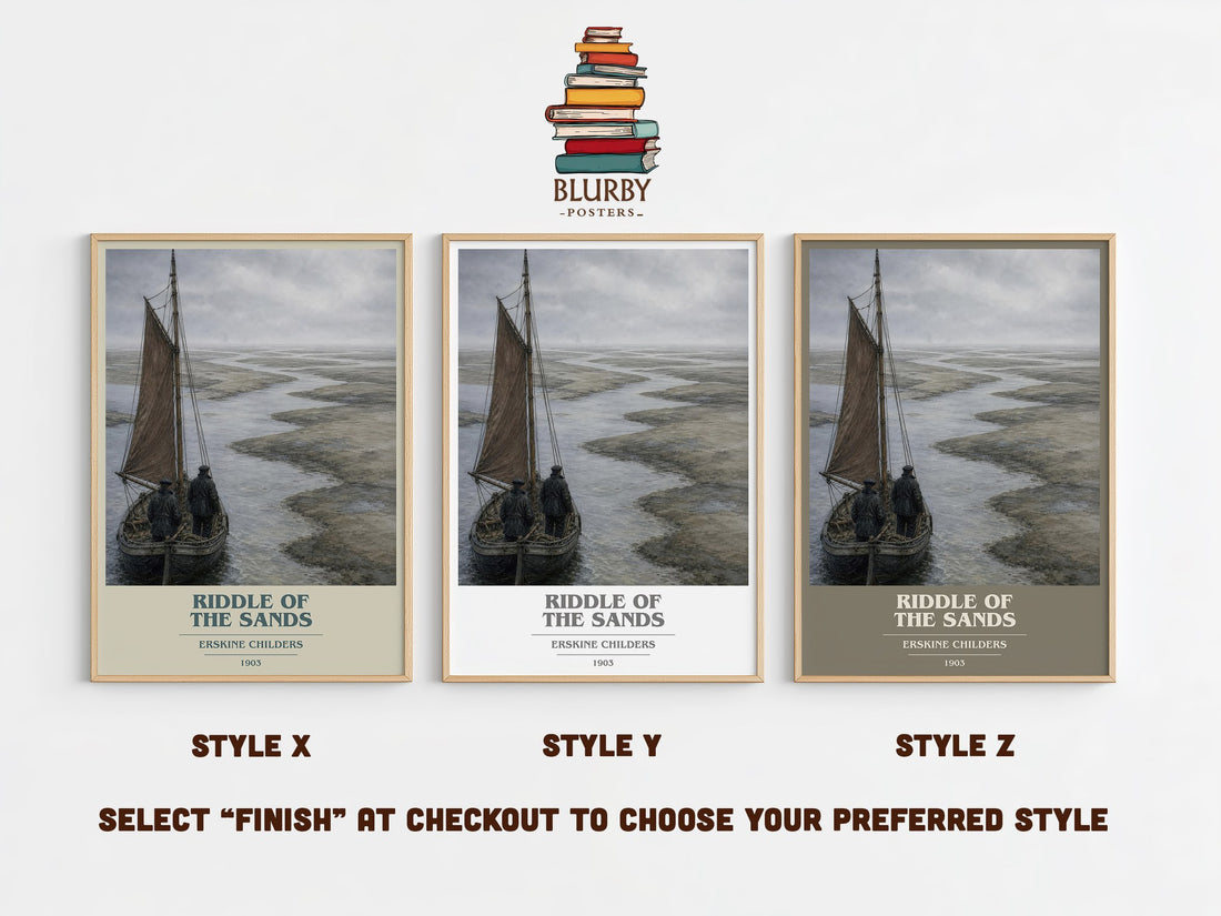 Riddle of the Sands book cover print in frame leaning in hallway – adventure wall art