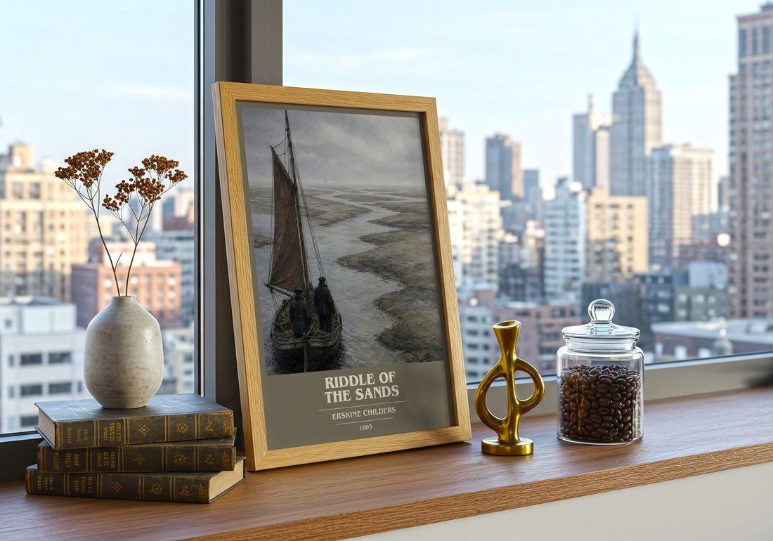 Riddle of the Sands book cover print framed by window – literary home decor