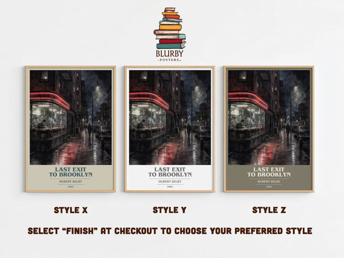 Last Exit to Brooklyn book cover print in frame leaning in hallway – literary fiction wall art (mockup)