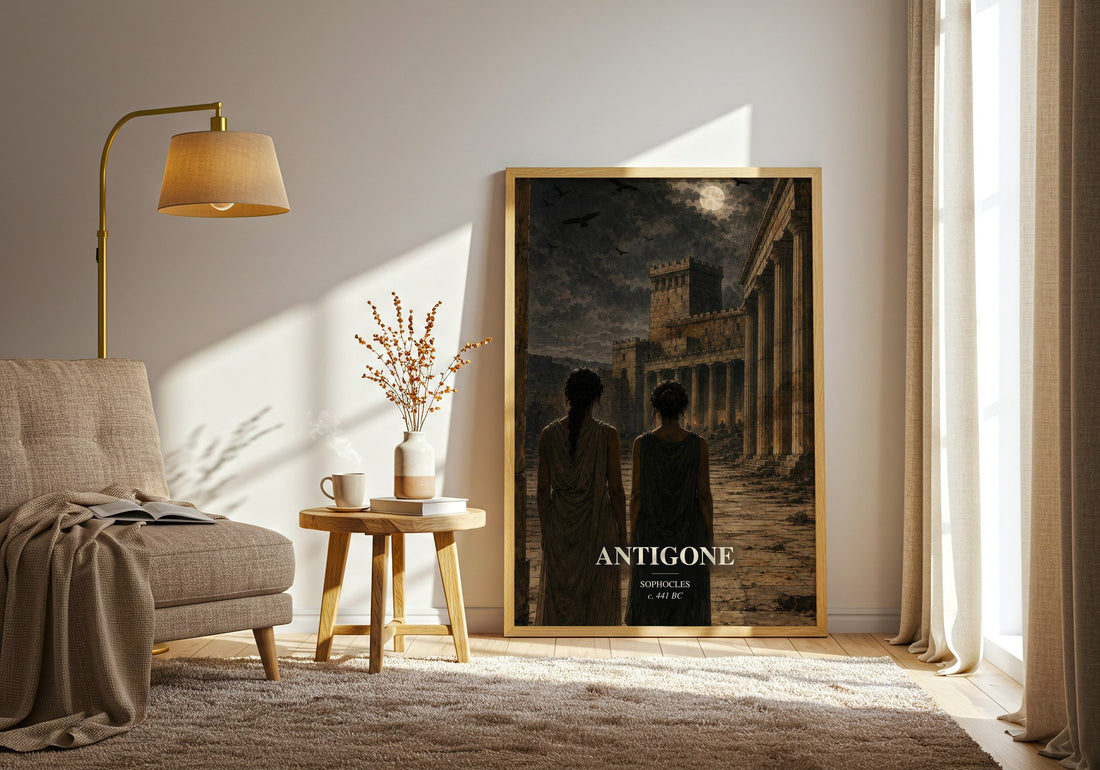 Antigone watercolour print in frame leaning in hallway – classic literature wall art
