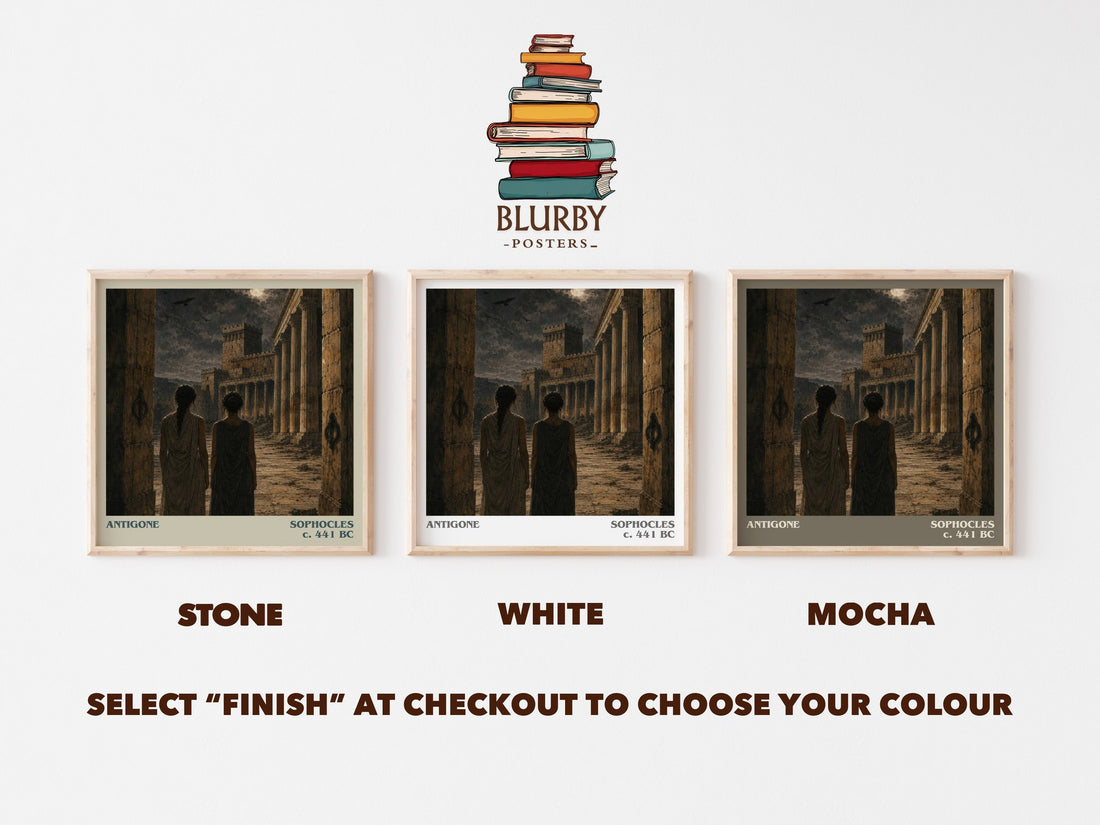 Antigone literary print framed by window – Stone, White and Mocha square prints side by side – choose your colour