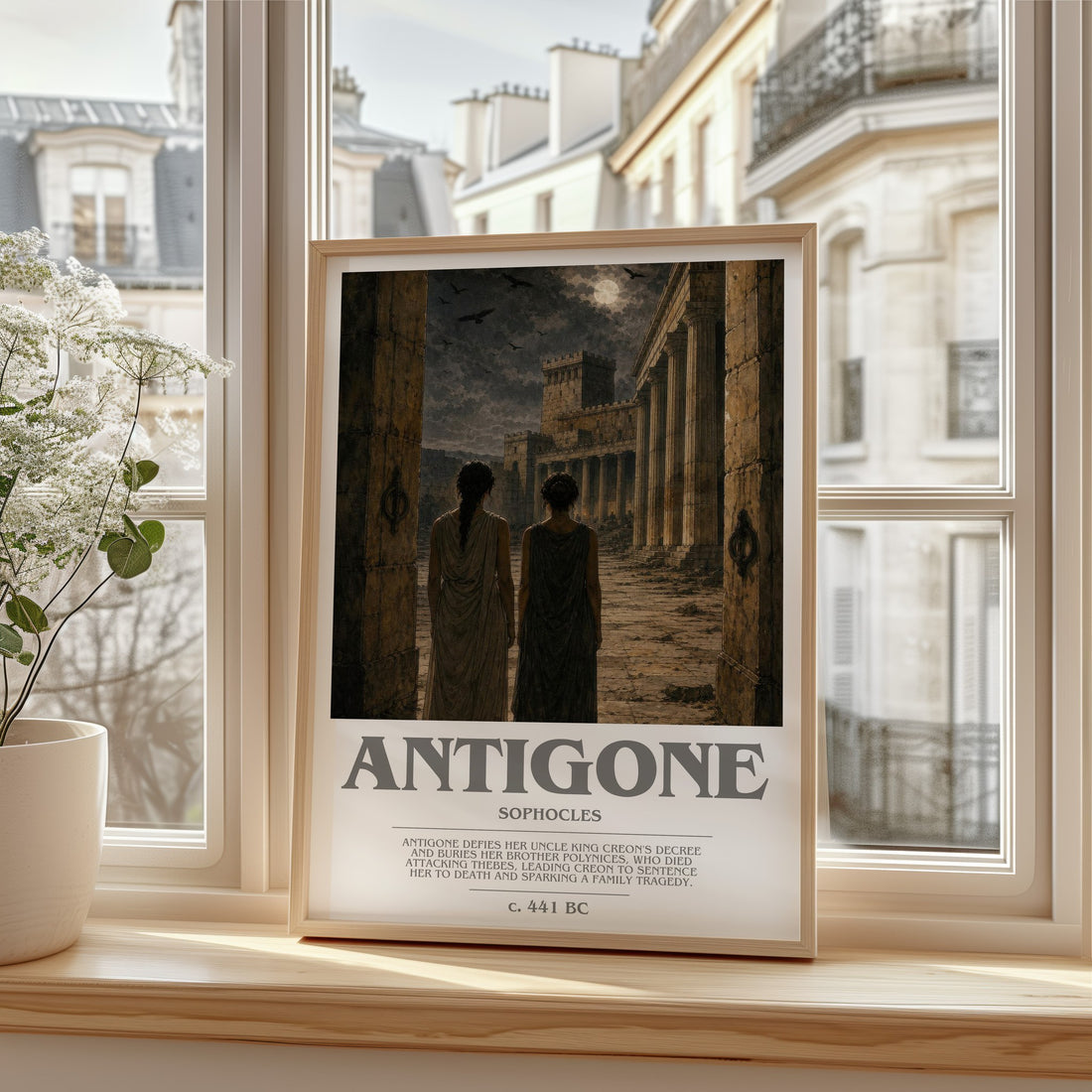 Antigone bookish print in frame leaning in hallway – classic literature wall art