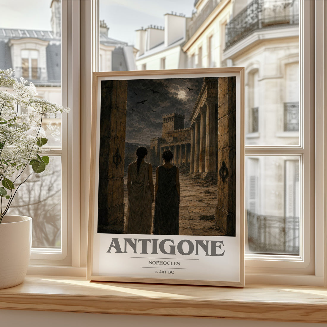 Antigone book cover print in frame leaning in hallway – classic literature wall art