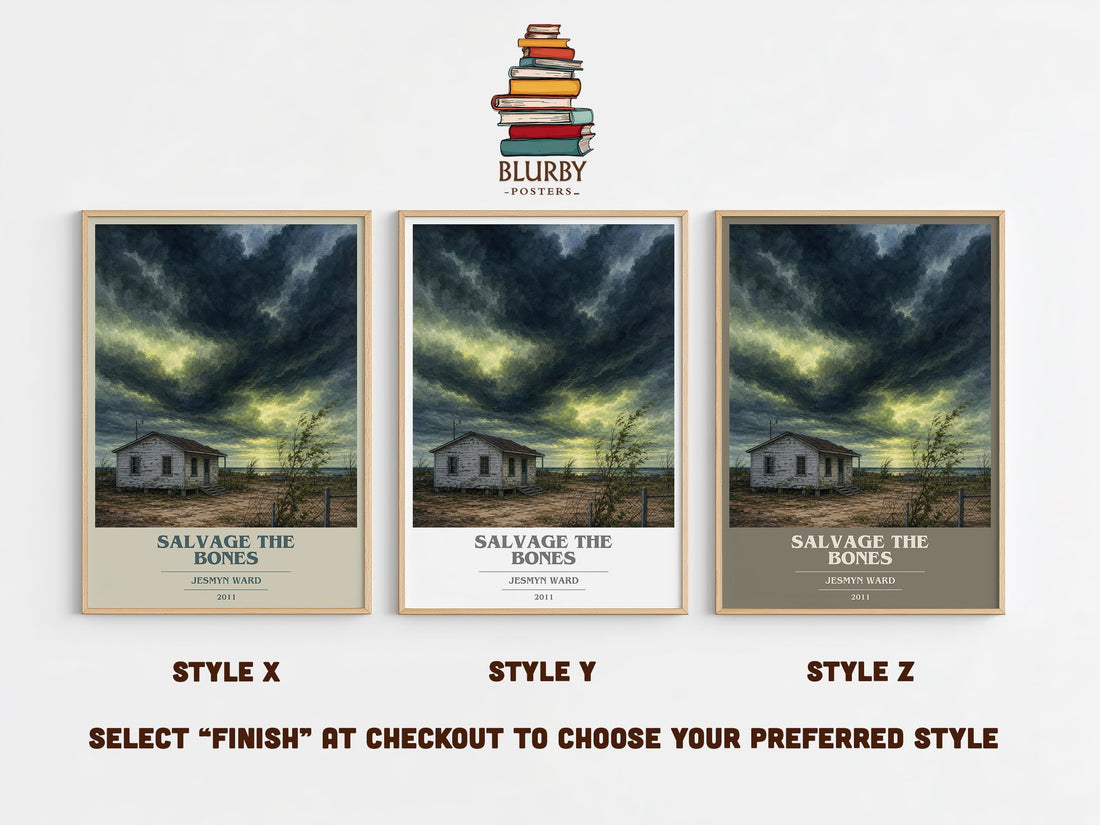 Salvage the Bones book cover print in frame leaning in hallway – literary fiction wall art (mockup)