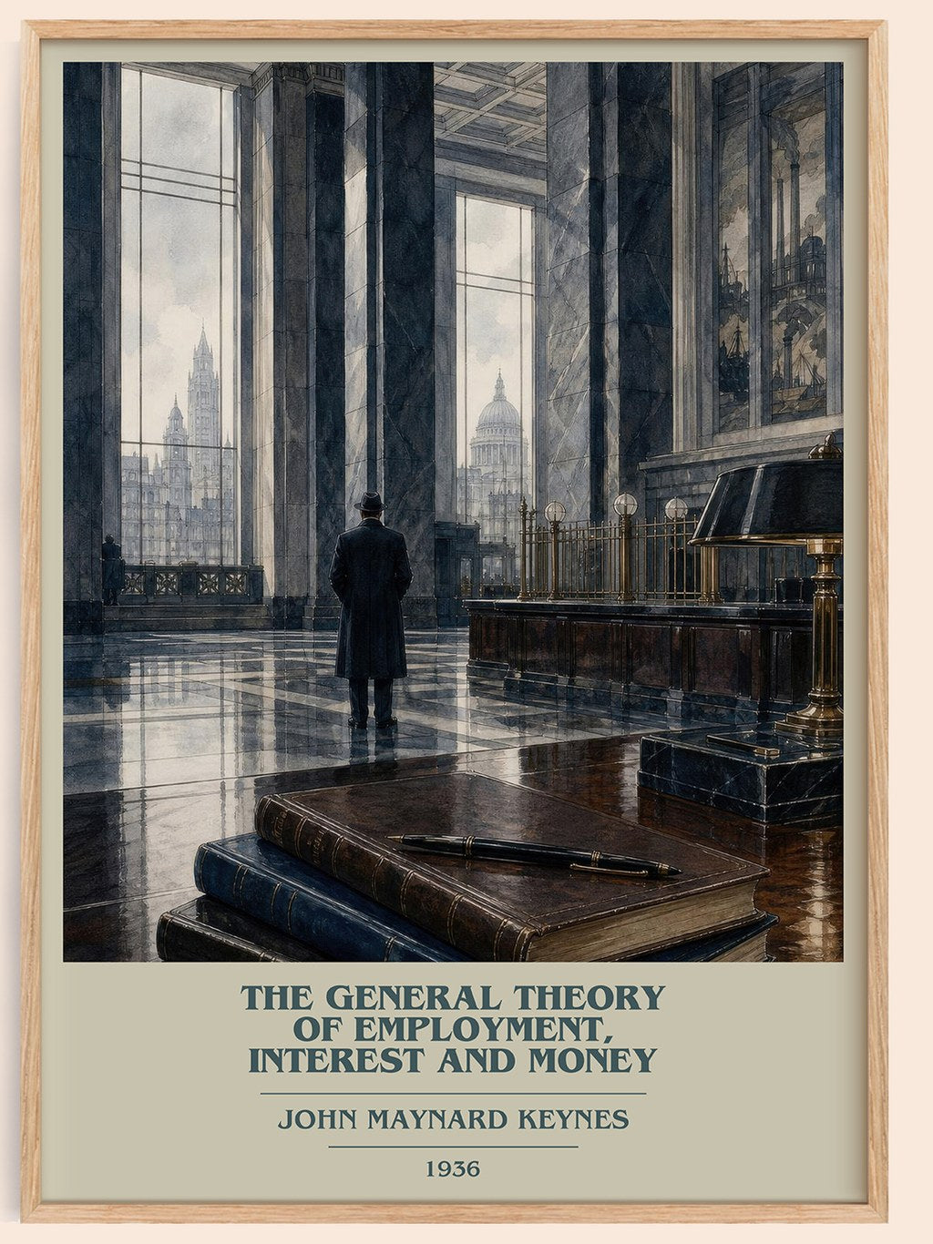The General Theory of Employment, Interest and Money book cover book poster by John Maynard Keynes – framed literary art