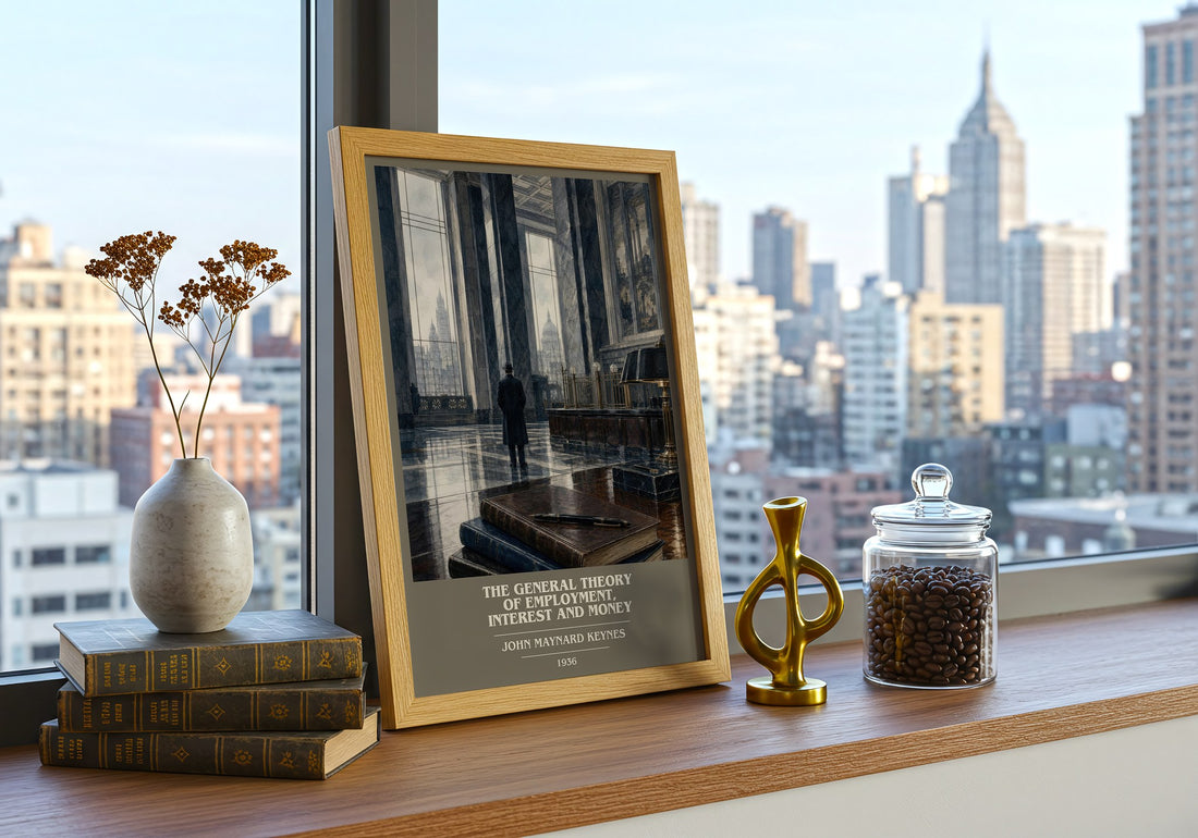 The General Theory of Employment, Interest and Money book cover print framed by window – literary home decor