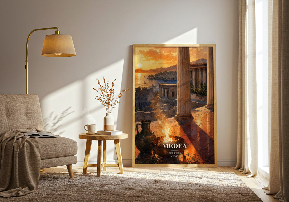 Medea watercolour print in frame leaning in hallway – classic literature wall art